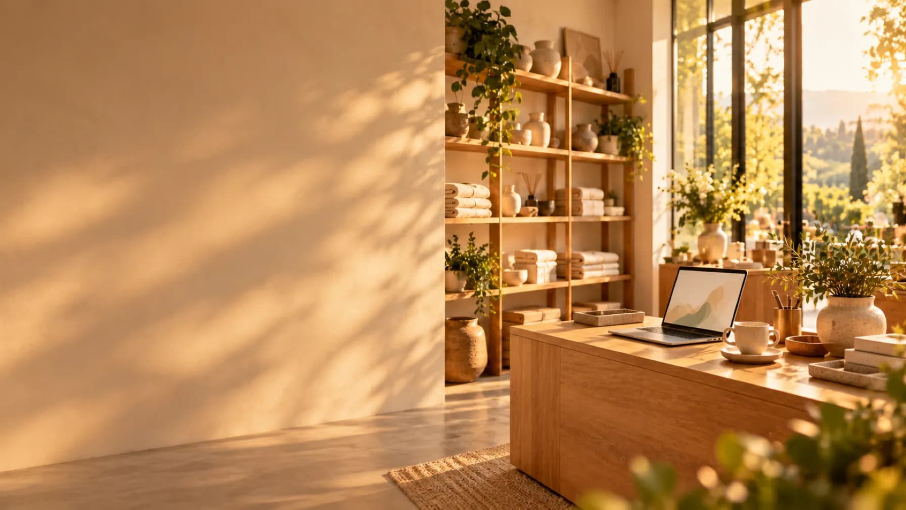 A sunlit lobby with a light oak counter and greenery, tall windows opening onto hills in the afternoon