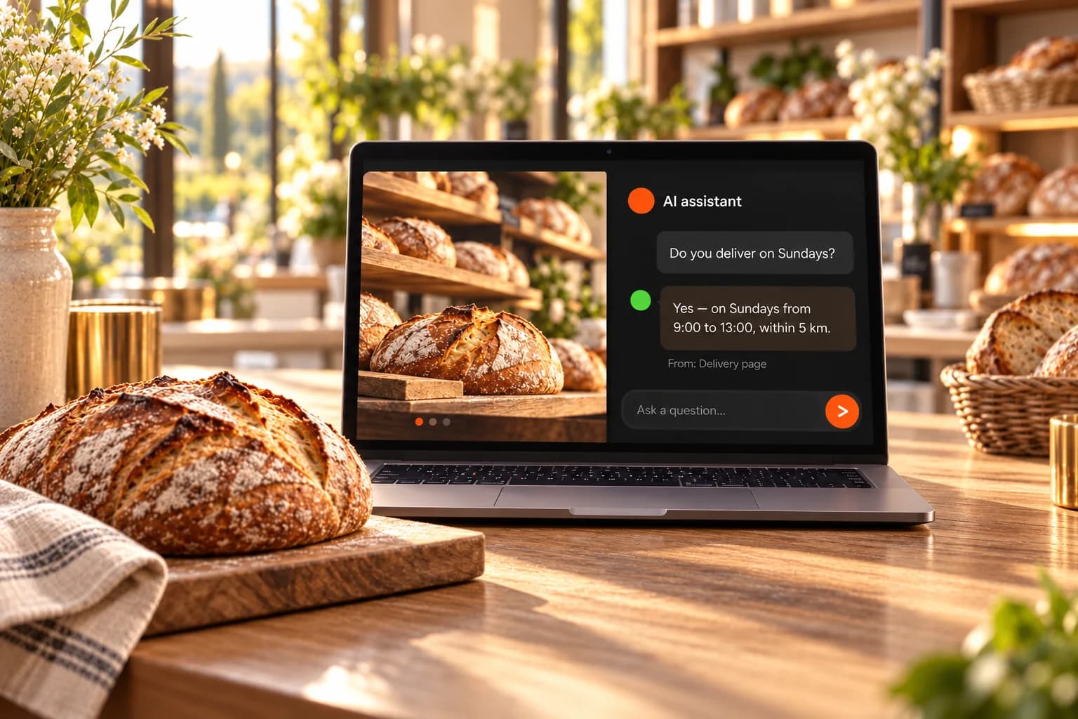 A laptop on a sunlit bakery counter showing the bakery's website with the AI assistant answering a question about Sunday delivery, citing the delivery page