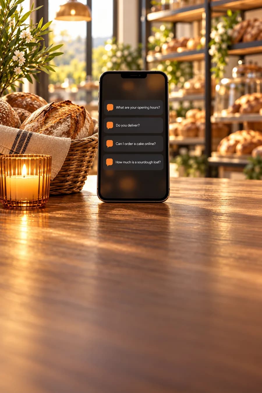 A phone on a bakery counter in golden-hour light with four messages asking about opening hours, delivery, ordering and prices