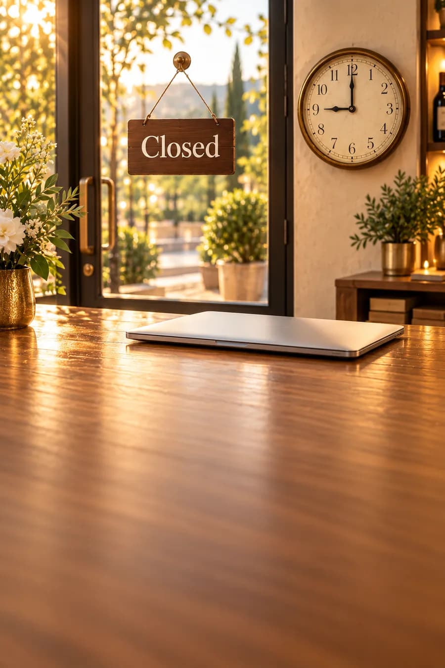 A shop door with a Closed sign and the clock at nine, a closed laptop on the counter