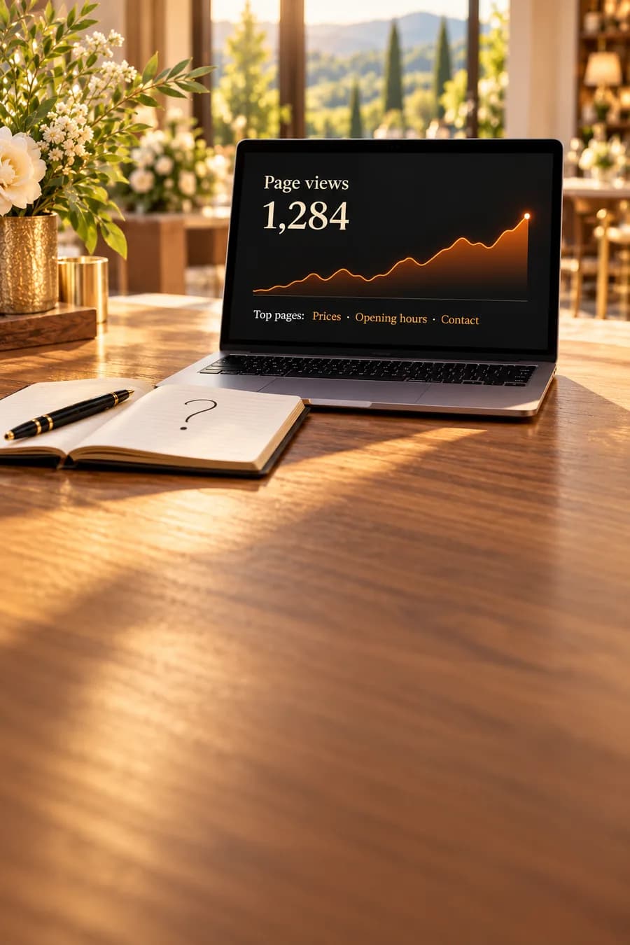 A laptop showing page views and top pages, but no questions, beside a notebook with a question mark