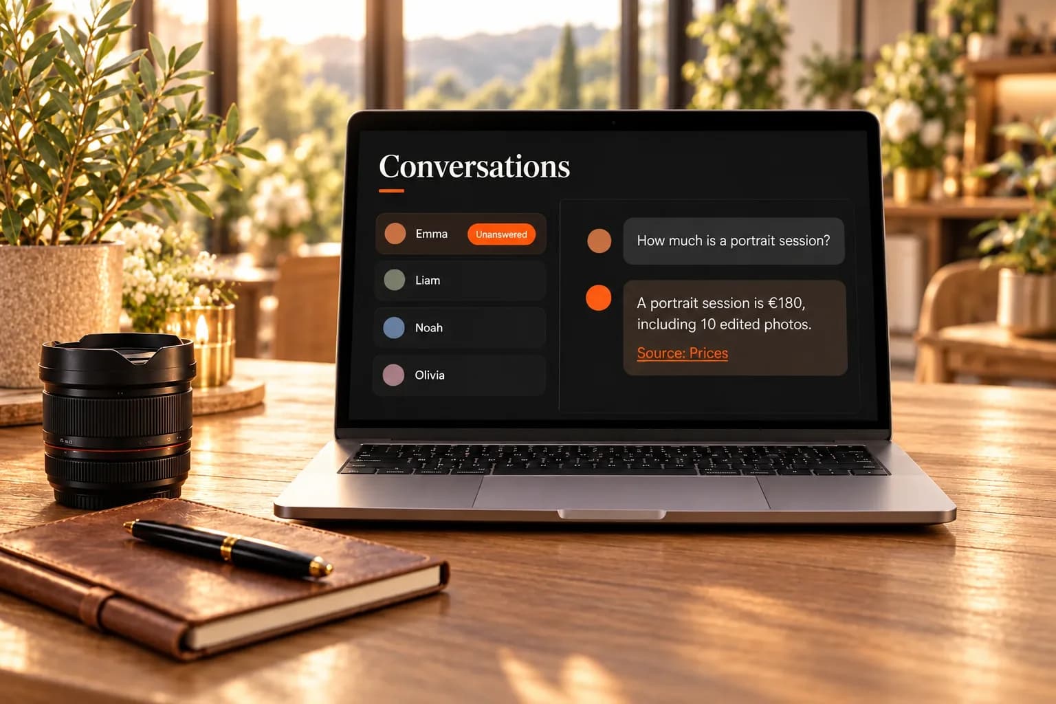 A laptop showing the conversations inbox, one marked unanswered, with an open conversation whose answer links to its source page