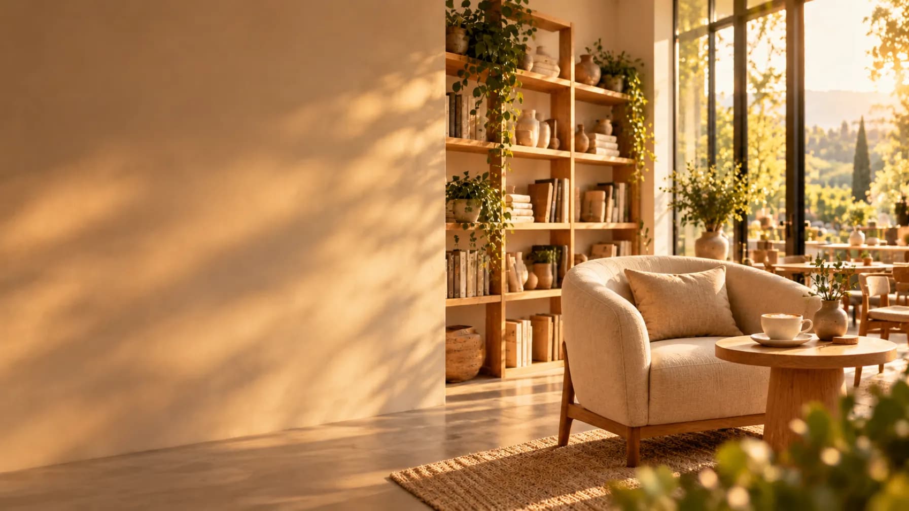 A sunlit lobby with a light oak counter and greenery, tall windows opening onto hills in the afternoon