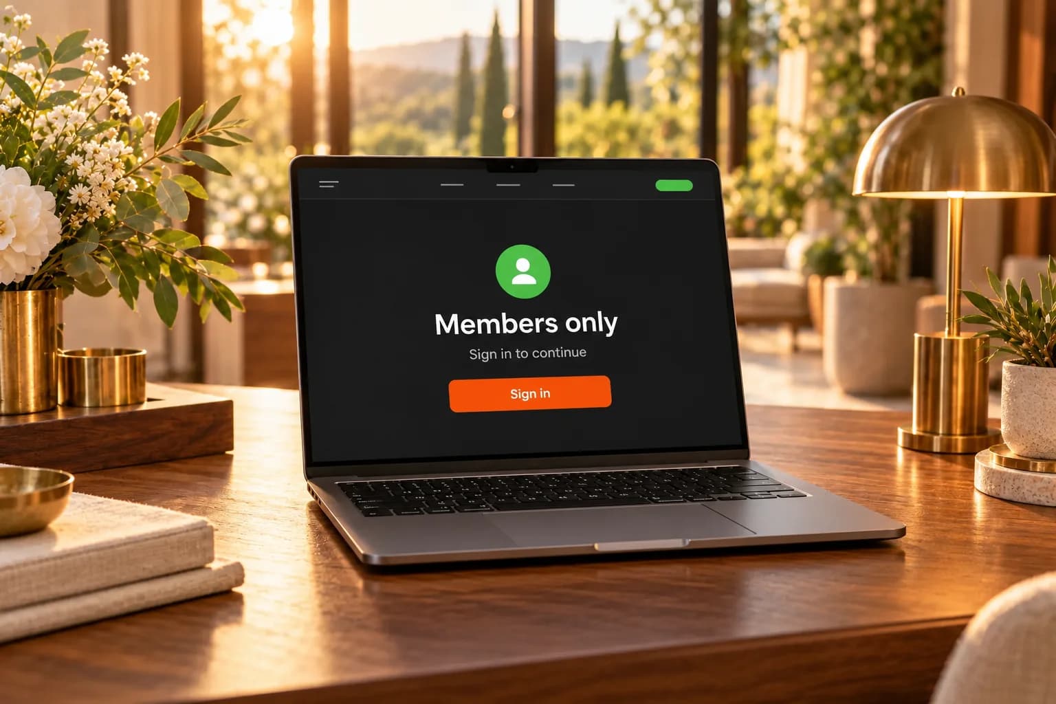 A laptop on a sunlit wooden desk showing a website page with a members-only sign-in prompt in place of the content, a brass lamp beside it
