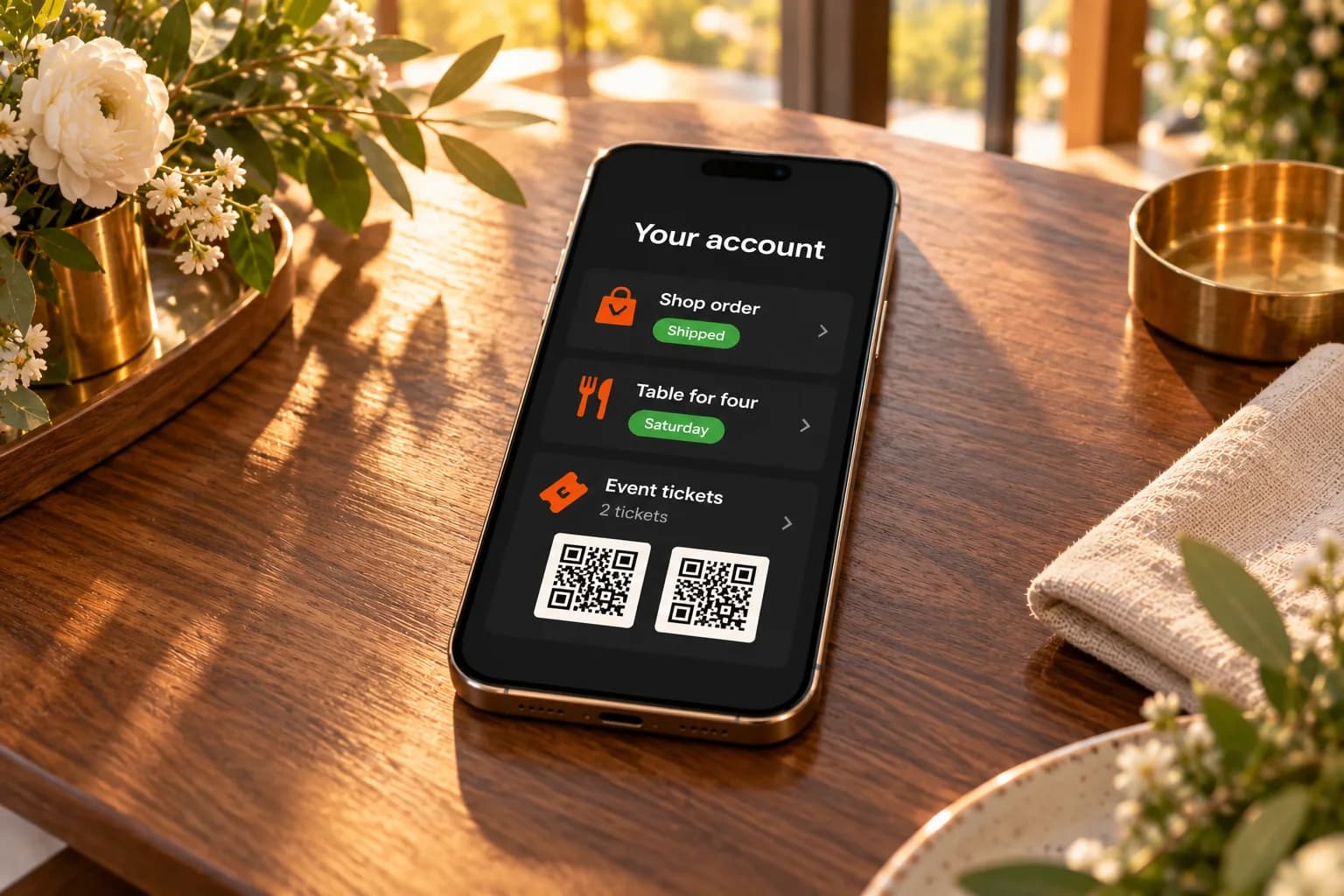 A smartphone on a sunlit wooden table showing a customer's account page with a shop order marked shipped, a table for four on Saturday and two event tickets with QR codes