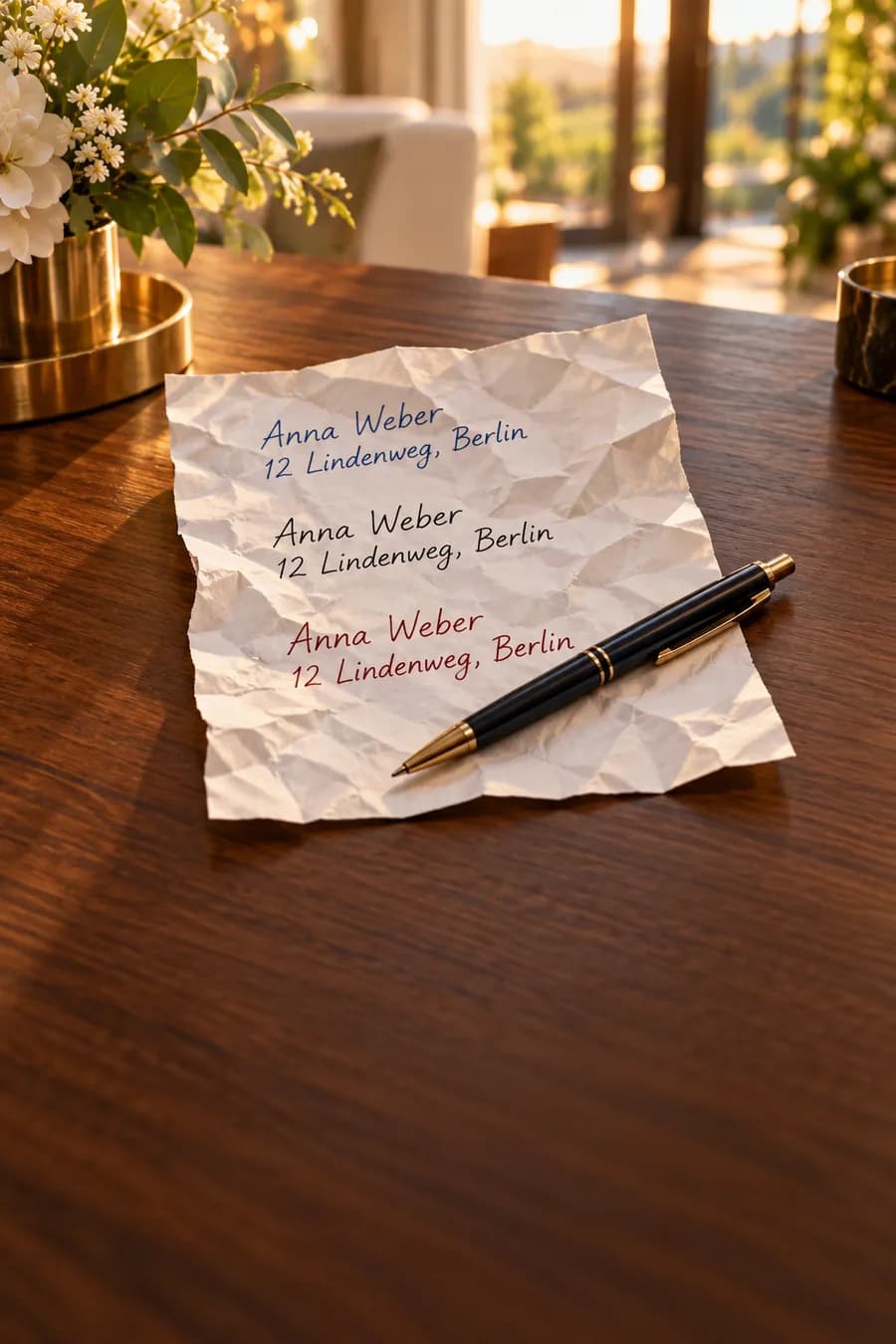 A crumpled paper form on a dark wooden desk, the same name and address handwritten three times in different inks, a ballpoint pen lying across it