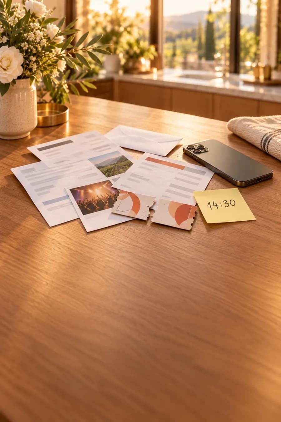 Printed order confirmations, event tickets and a sticky note with an appointment time spread across a sunlit table beside a phone