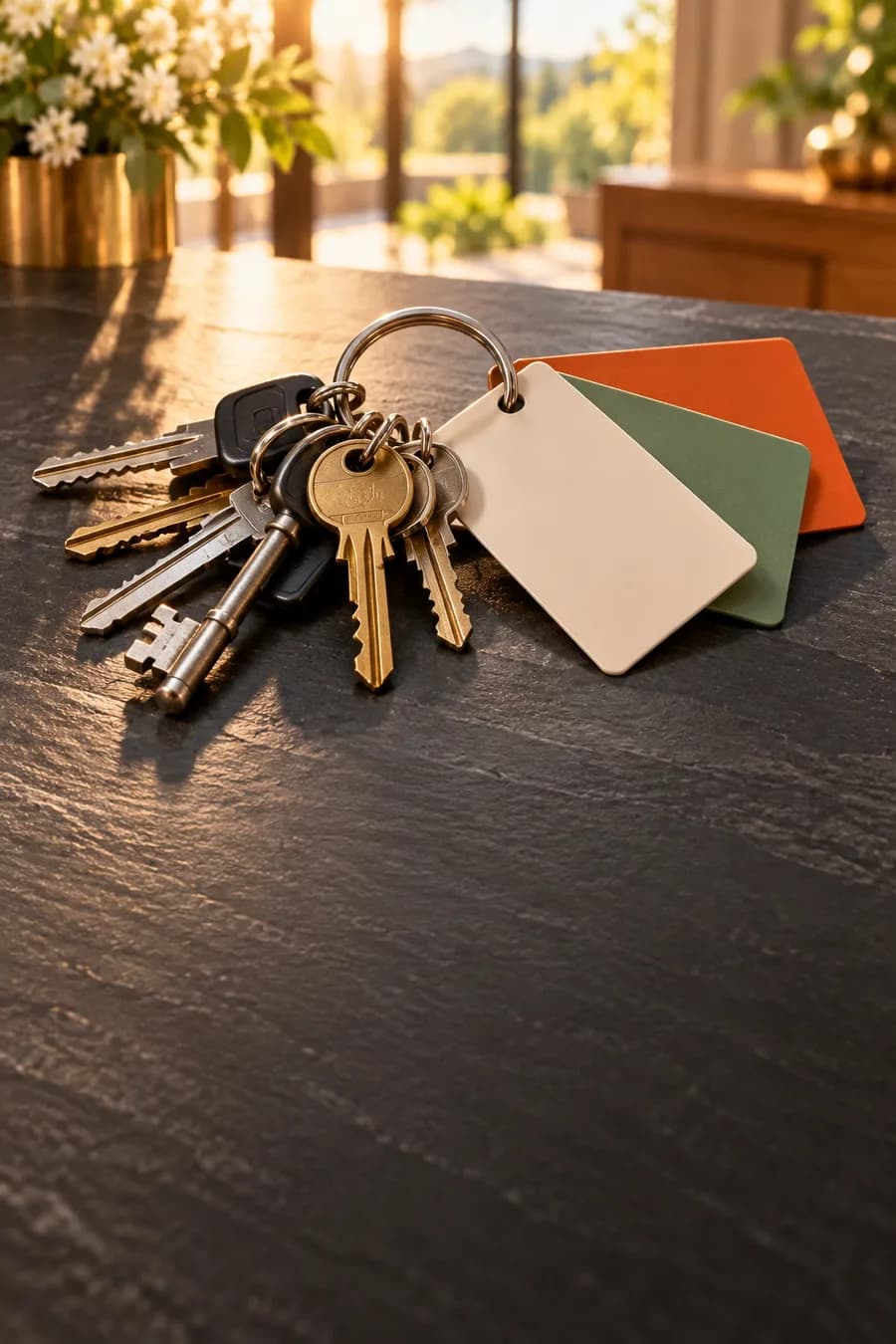 A heavy ring of mismatched keys and three membership cards on a slate tabletop in warm sunlight