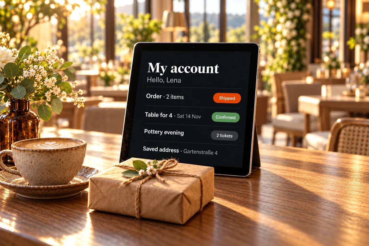 A tablet on a sunlit café table showing a customer account with an order, a table reservation, event tickets and a saved address, a wrapped parcel in front