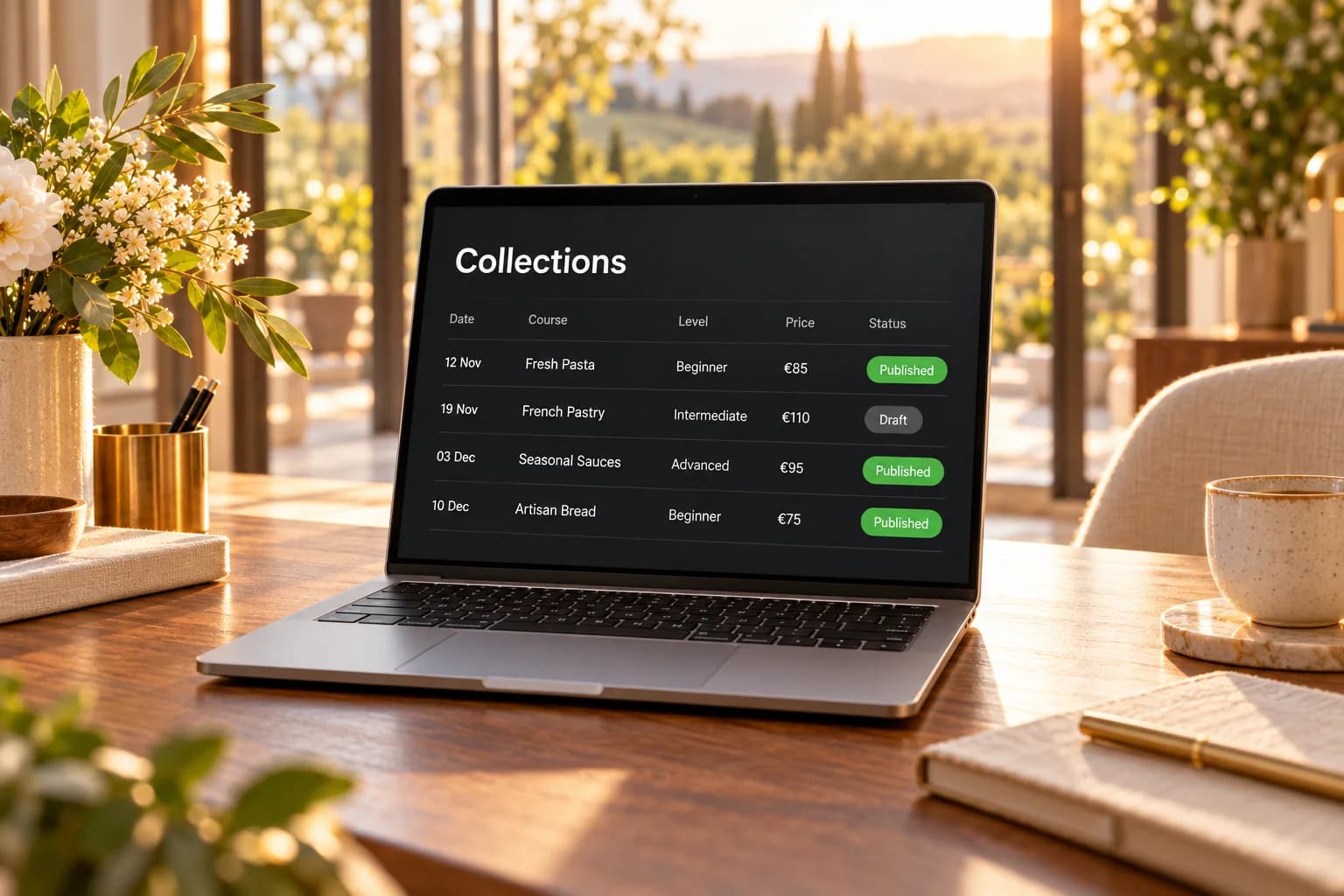 Ein Laptop auf einem Holztisch im goldenen Nachmittagslicht mit einer Sammlungstabelle mit Kochkursen – Termine, Niveau, Preise und „Veröffentlicht“ oder „Entwurf“ bei jedem Eintrag