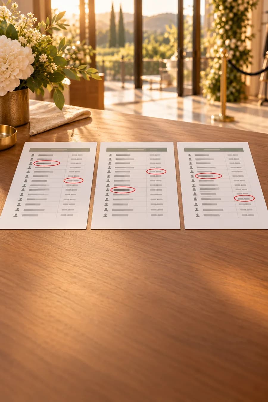 Drei Ausdrucke derselben Liste nebeneinander auf einem Tisch, in jedem andere Namen und Termine rot eingekreist