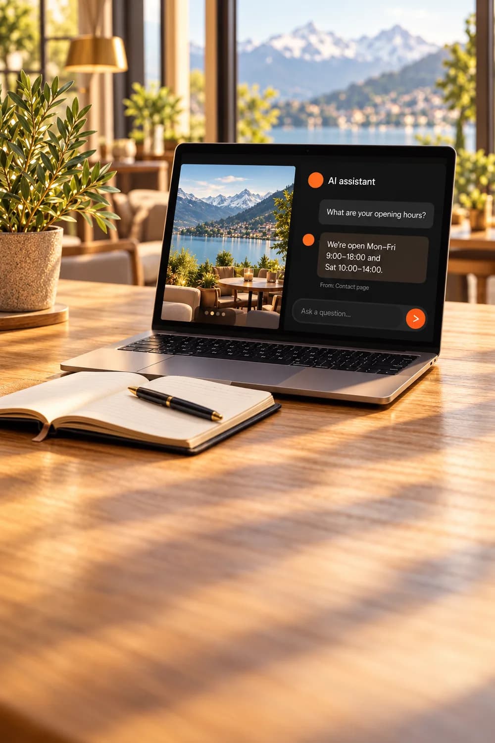 A laptop by a sunlit window showing a website with its AI assistant answering a visitor's question about opening hours