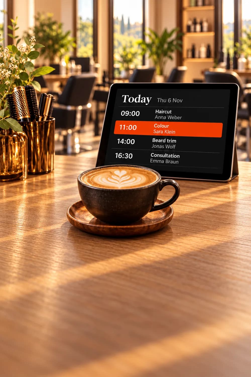 A tablet on a sunlit salon counter showing today's appointments with times, services and client names, a latte in front