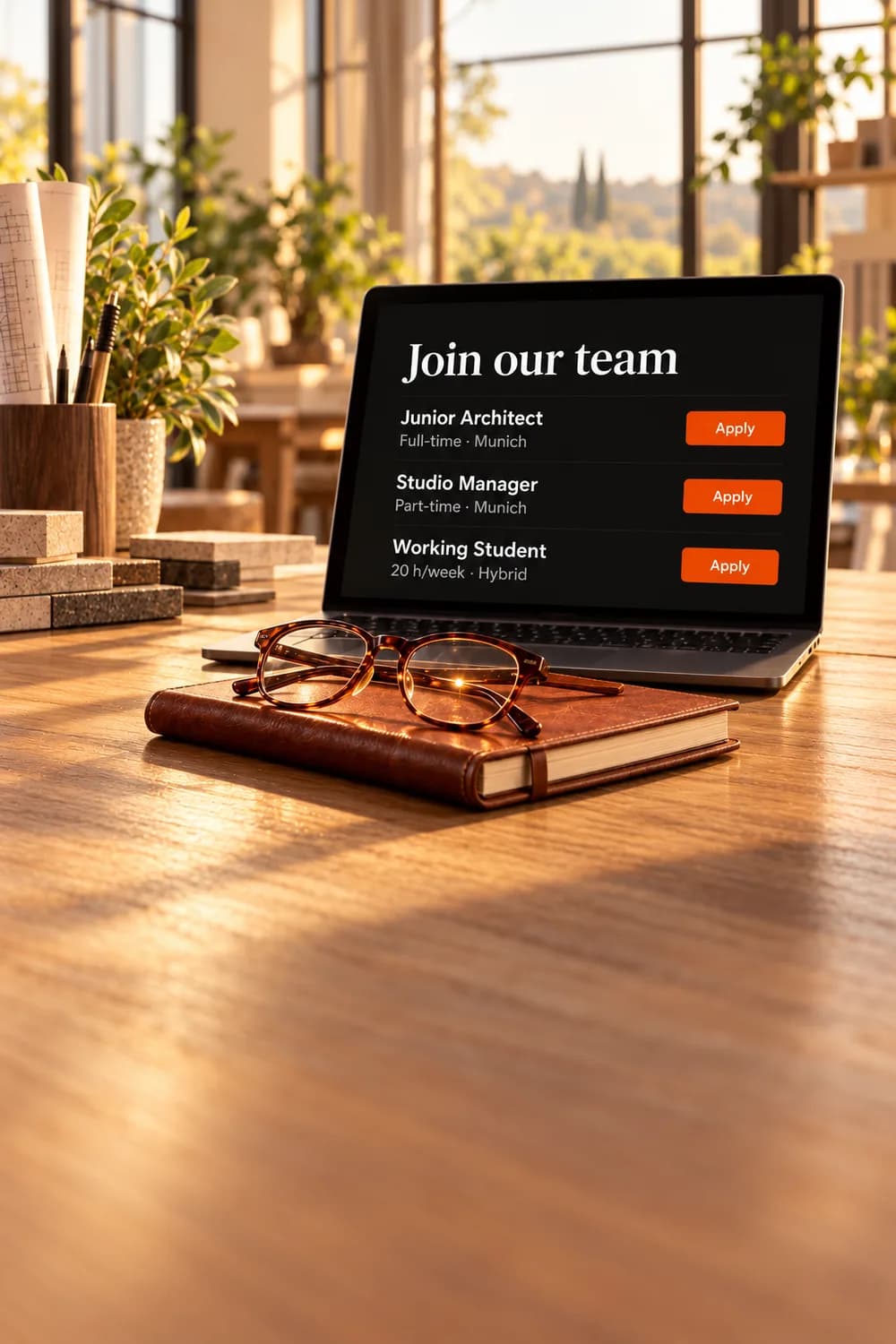 A laptop in a sunlit studio showing a careers page with three open roles and Apply buttons, reading glasses on a notebook in front