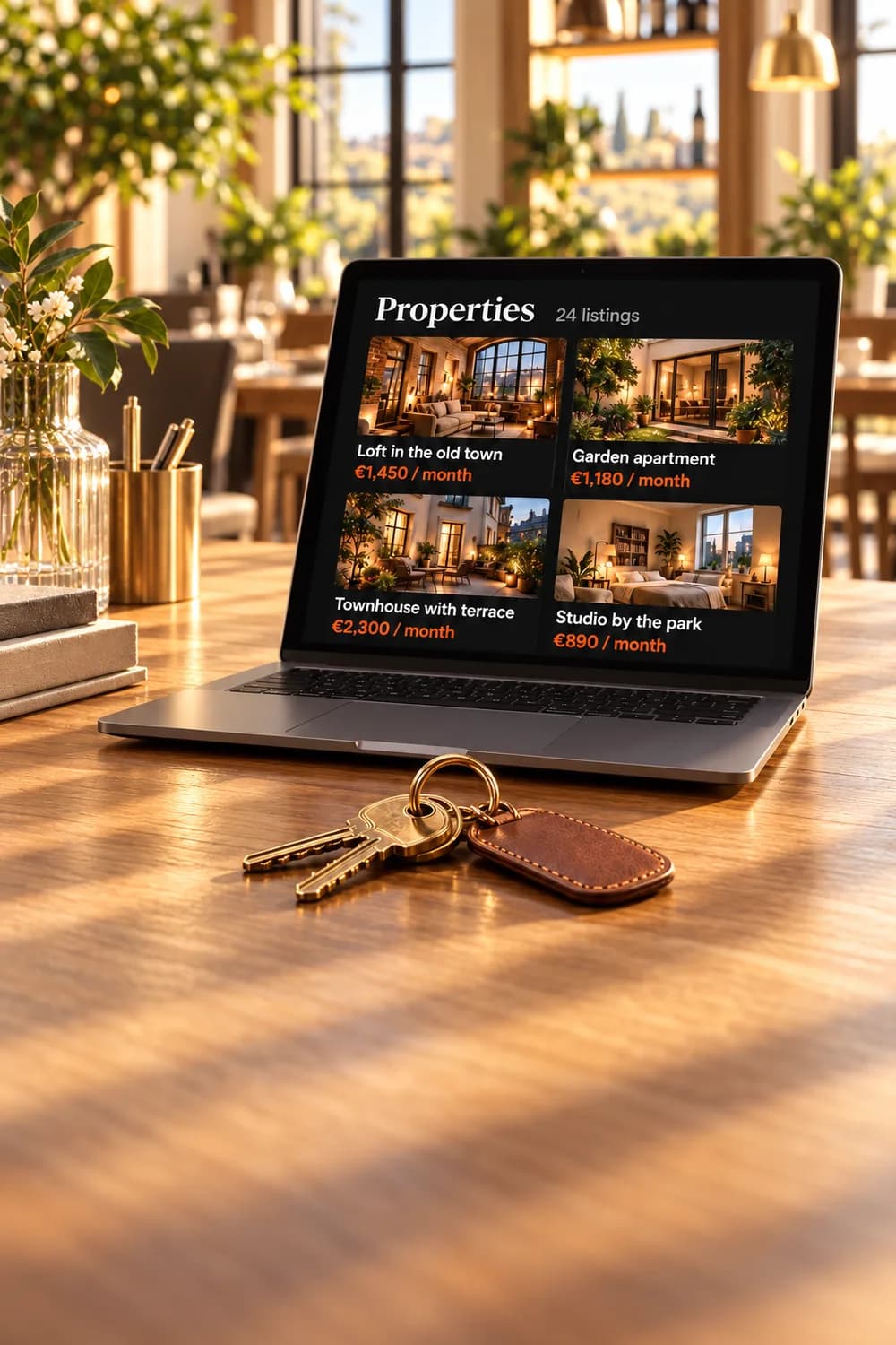 A laptop in a sunlit office showing a grid of property listings with photos and rents, house keys in front