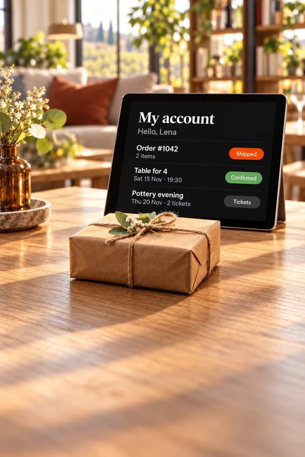 A tablet in a sunlit lounge showing a customer account with an order, a table reservation and event tickets, a parcel in front
