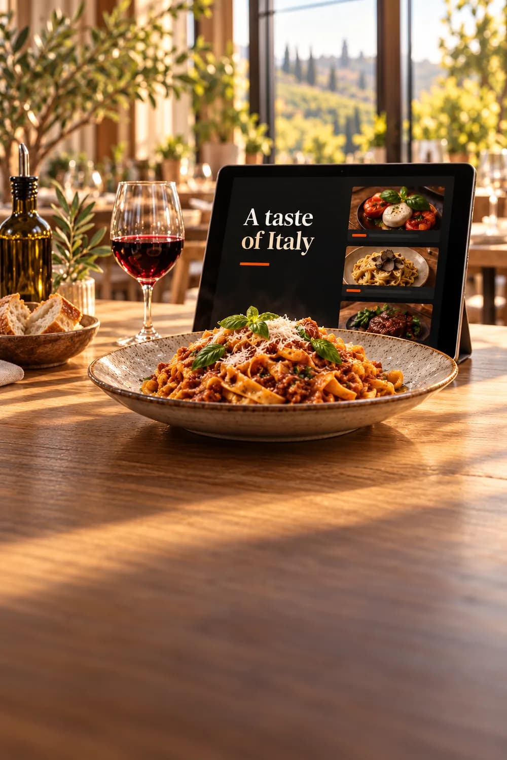 A plate of pasta in a sunlit restaurant in front of a tablet with a digital menu