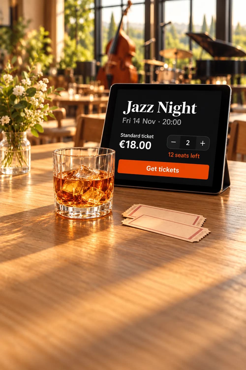 A tablet on a sunlit music bar showing a ticket page for Jazz Night with the price and a Get tickets button, a glass of whisky and two tickets in front
