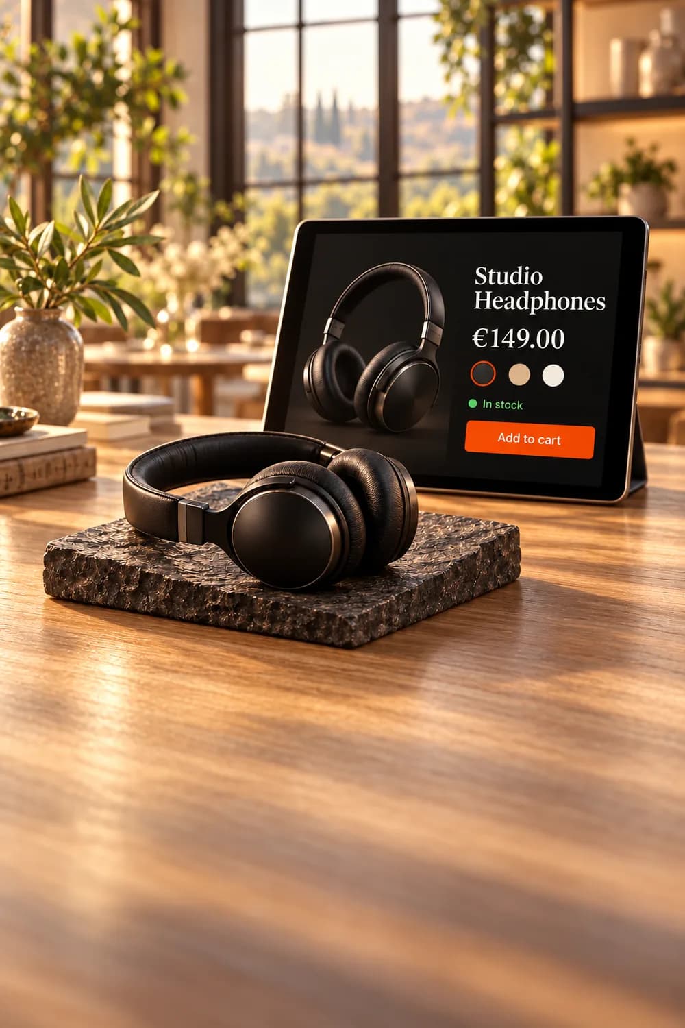 A tablet in a sunlit shop showing a product page for headphones with the price and an Add to cart button, the headphones on a stone in front