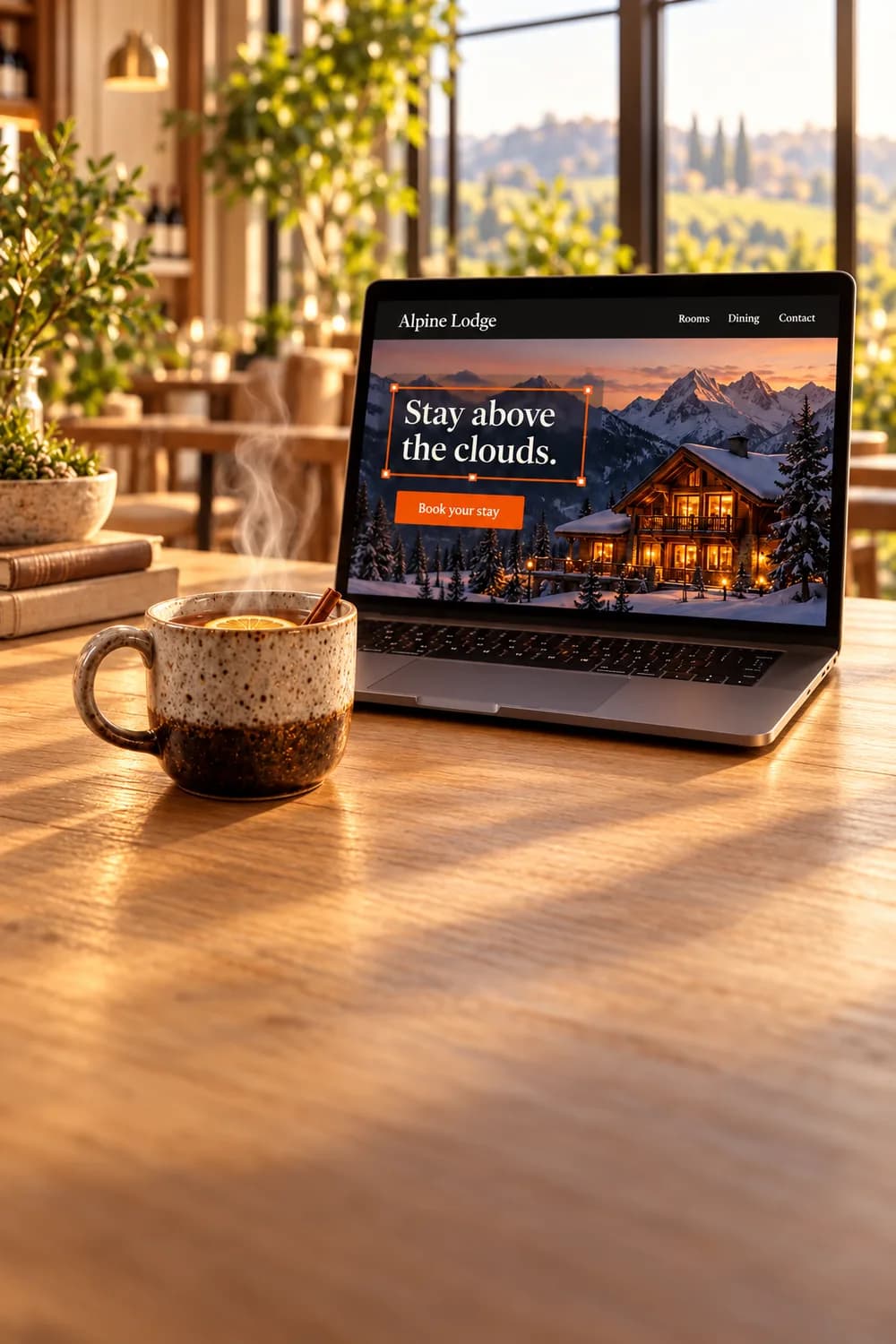 A laptop by a sunlit window showing a dark website with the headline "Stay above the clouds" selected for editing, a steaming mug in front