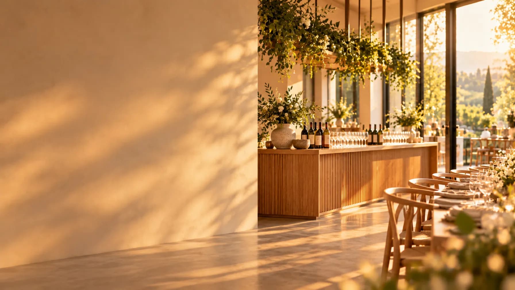 Eine sonnige Lobby mit heller Eichentheke und Pflanzen, hohe Fenster mit Blick auf Hügel am Nachmittag