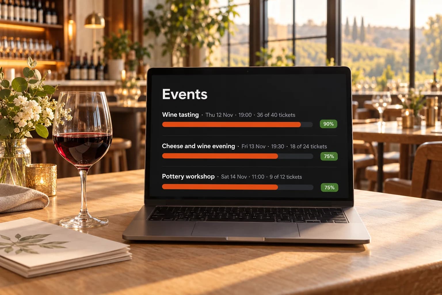 Ein Laptop auf einem Eichentisch in einer Weinbar im goldenen Licht, mit den nächsten Veranstaltungen – Weinprobe am Do, 12. Nov., 36 von 40 Tickets vergeben, ein Käse-und-Wein-Abend und ein Töpferkurs –, daneben ein Glas Rotwein und gedruckte Karten
