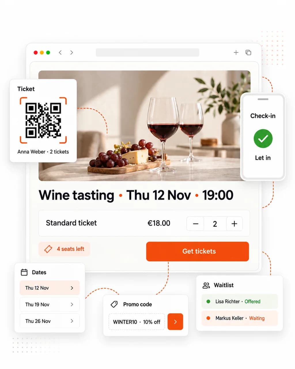 Illustration von Veranstaltungstickets auf einer Unternehmenswebsite: eine Veranstaltungsseite mit Ticketauswahl, ein Ticket mit QR-Code, Einlass per Handy, die Warteliste, ein Rabattcode und eine Terminserie