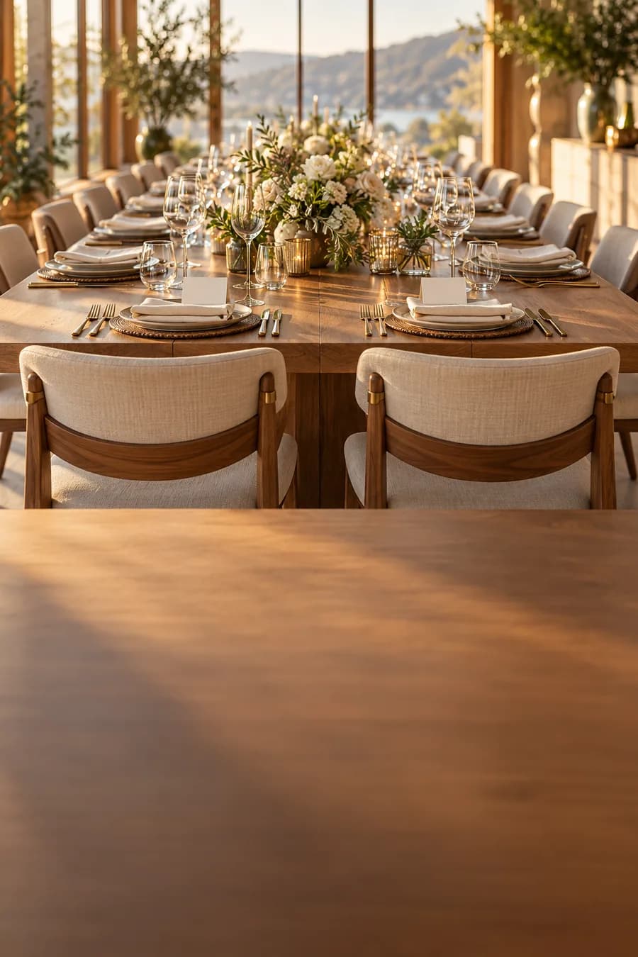 Eine lange gedeckte Tafel im goldenen Licht, Gläser und Servietten an ihrem Platz, mit zwei leeren Stühlen und unberührten Platzkarten