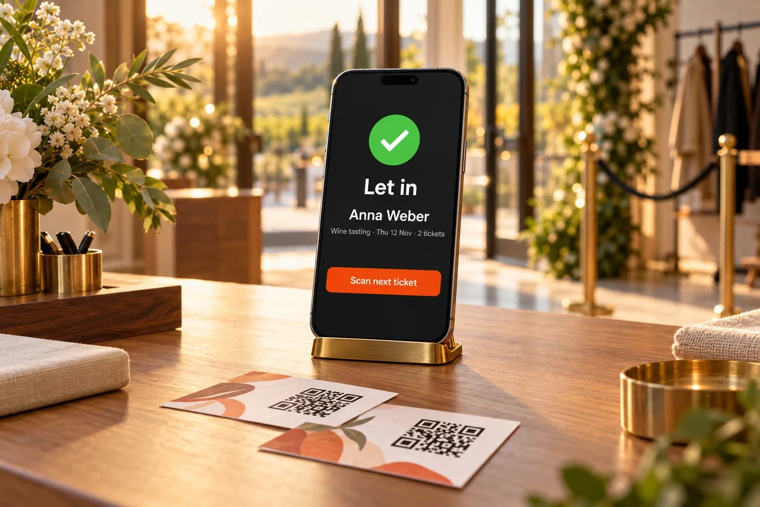 Ein Handy am Empfang einer Location im goldenen Licht mit einem eingelassenen Ticket für Anna Weber und dem Button für das nächste Ticket, davor gedruckte QR-Tickets